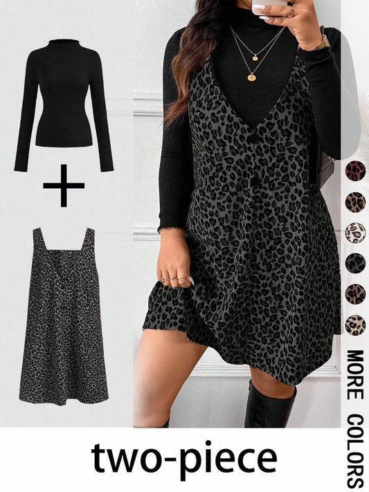 Women's High Neck Long Sleeve Inner Layer + Leopard Print Strap Skirt Matching Set, Casual Daily Day Spring Autumn Commuter, Two-Piece Ensemble Outfit Clothes, Animal Print Set