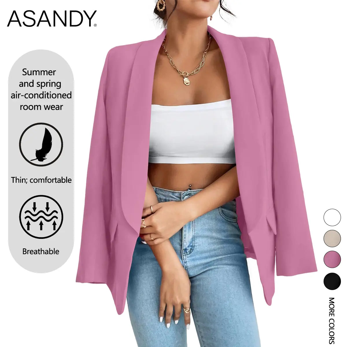 ASANDY Women's Oversized Elegant Breathable Polyester Blazer - Lightweight Thin Long-Sleeve Suit Jacket for Office Work Clothes, Corporate Office Wear, Everyday Casual Use - Basic Womenswear Top Piece
