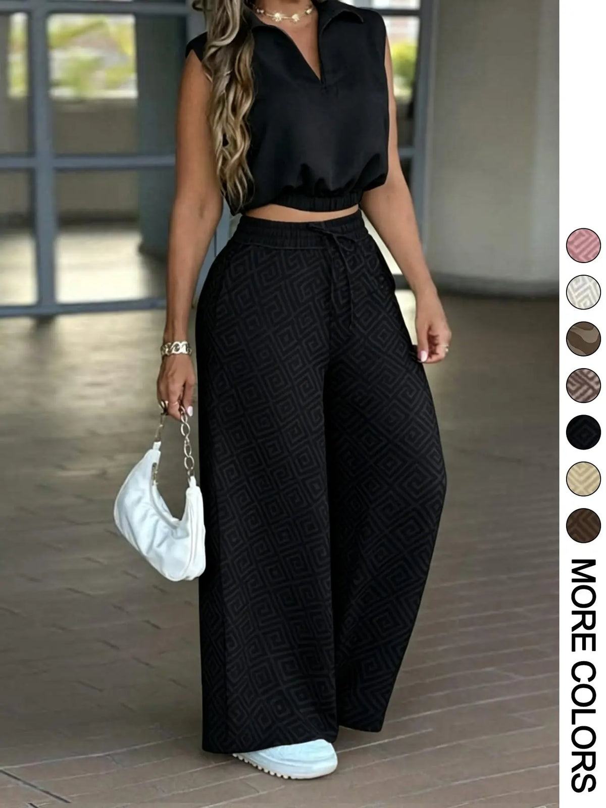 2-Piece Women's Basic Casual Commuter Clothes Set, Sleeveless Collared Waist-Defined Top with High-Waisted Adjustable Drawstring Wide-Leg Pants