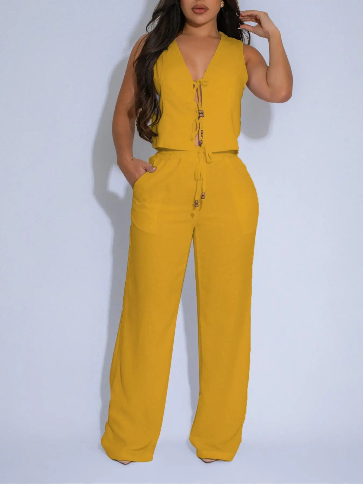 Women's Solid Tank Top & Wide Leg Flowy Pants Two-piece Set, Casual Comfy Lightweight Outfits for Daily Wear, Ladies Summer Clothes, Basic Fabric