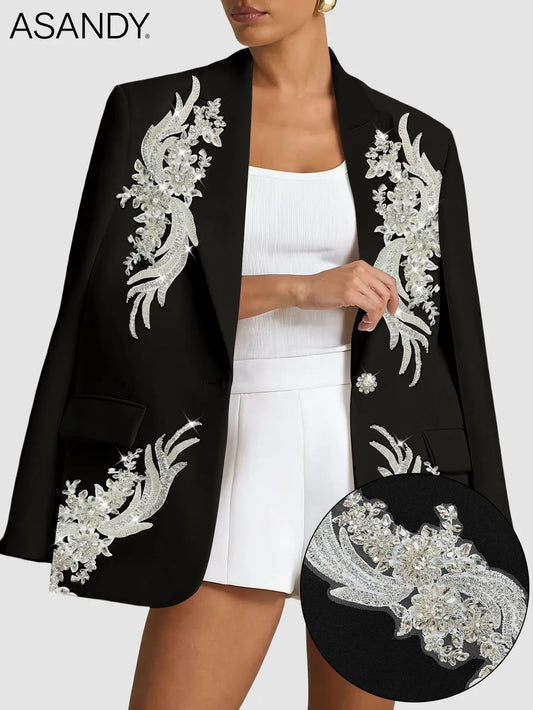 ASANDY Blazer for Women, Formal White Oversized Piece with Beaded Rhinestones & Floral Crystal Embroidery for Evening Wedding S M L, Fashion,clothes for back to school,first day of school outfits,sohochic