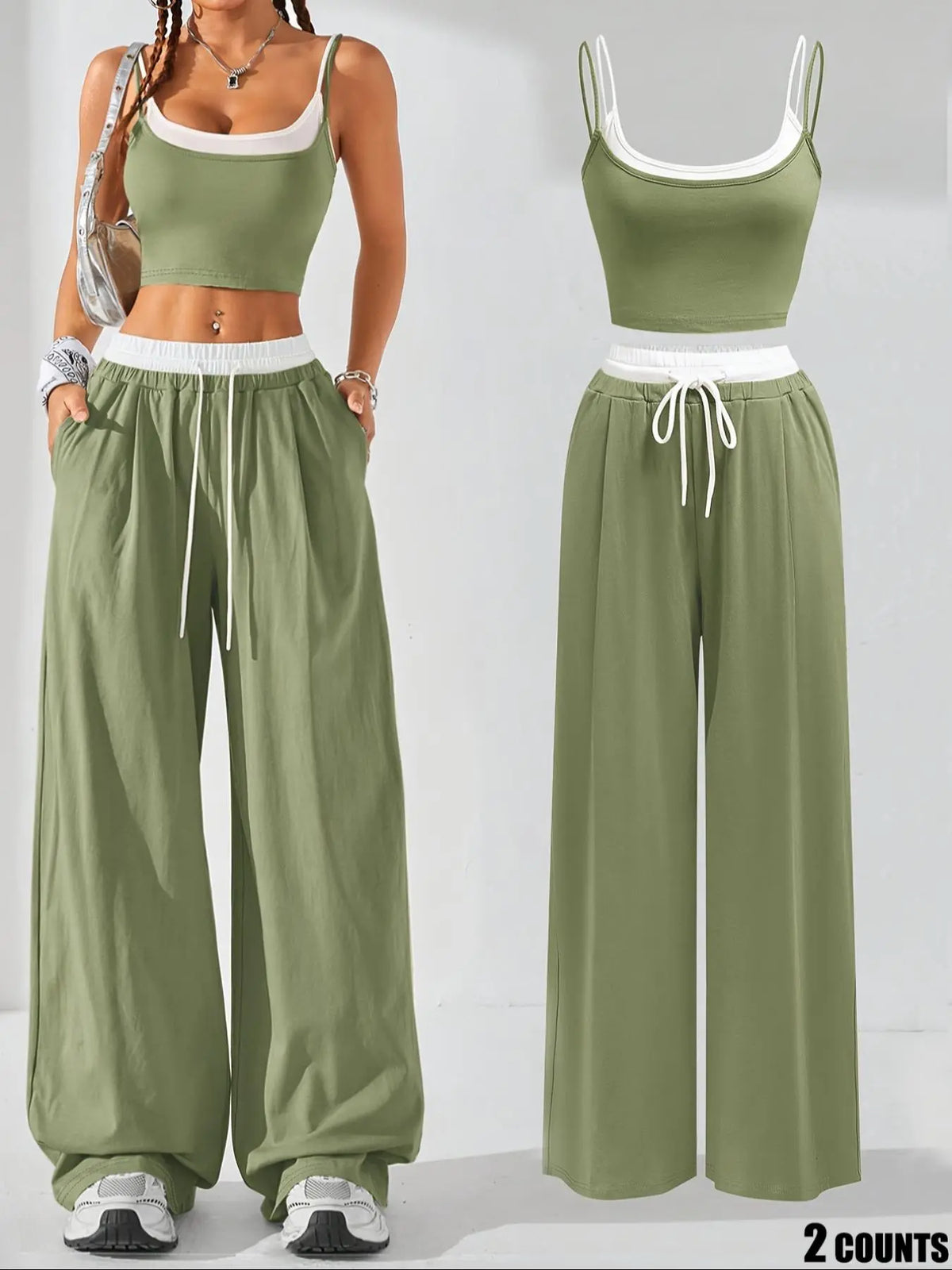 Two-Piece Set Women's Colorblock 2 in 1 Cami Top & Wide Leg Pants Set, Casual Sleeveless Top & Pocket Trousers, Ladies Summer Clothes, Casual Lounge Set, Stretchy Outfit Sets, Camisole Sets, Pants Loungewear Set