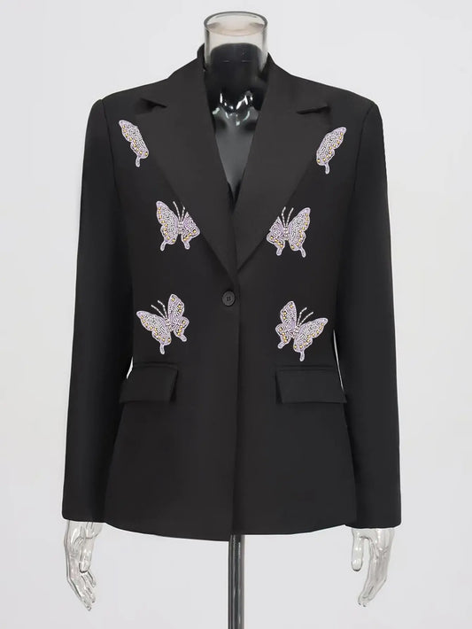 ASANDY Women's Oversized Aesthetic Polyester Jacket - Long Sleeves Add Polish and Coverage, Rhinestone Black Butterfly Pattern Turns Heads, Shiny Crystal Decoration, Street Fit, All Seasons, Everyday to Party Wear for Fashionable Women