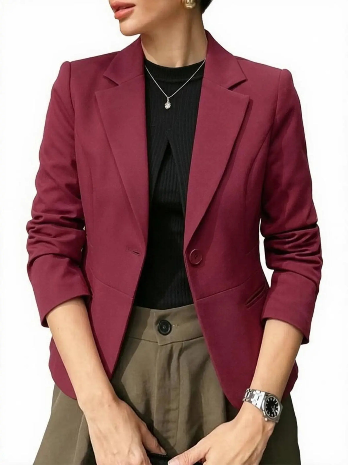 Women's Solid Button Front Lapel Blazer, Elegant Casual Long Sleeve Outerwear for Work Office Business, Ladies Clothes for All Seasons