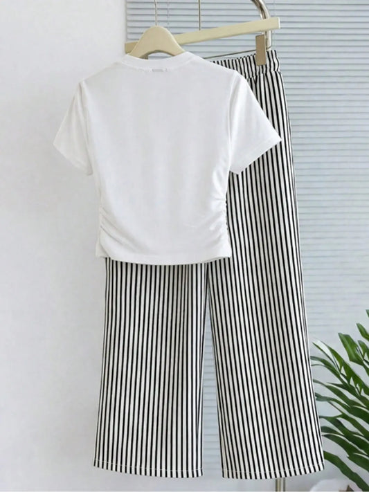 Women's Simple Fashion Fitted T-Shirt & Straight Striped Shorts, Casual Style Womenswear for Outdoor, Home, Hiking, Camping and Travel Stripe Set