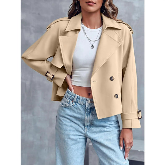 Fessceruna Women Crop Double Breasted Trench Coat Raglan Sleeve Work Office Cropped Jacket With Pockets