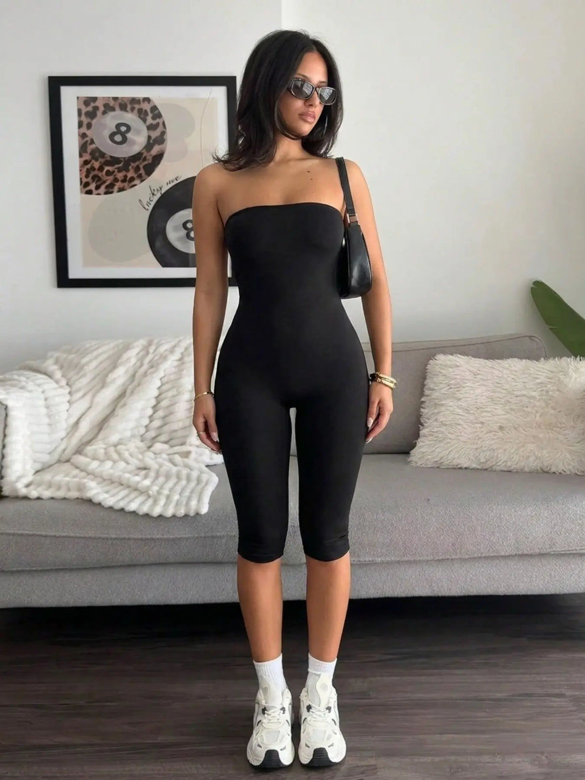 Trendy Sleeveless Tube Top & Seven-Quarter Pants Set, Slip-On Design, Slim-Fitting Knee-Length, Minimalist Streetwear, Versatile for Daily Wear