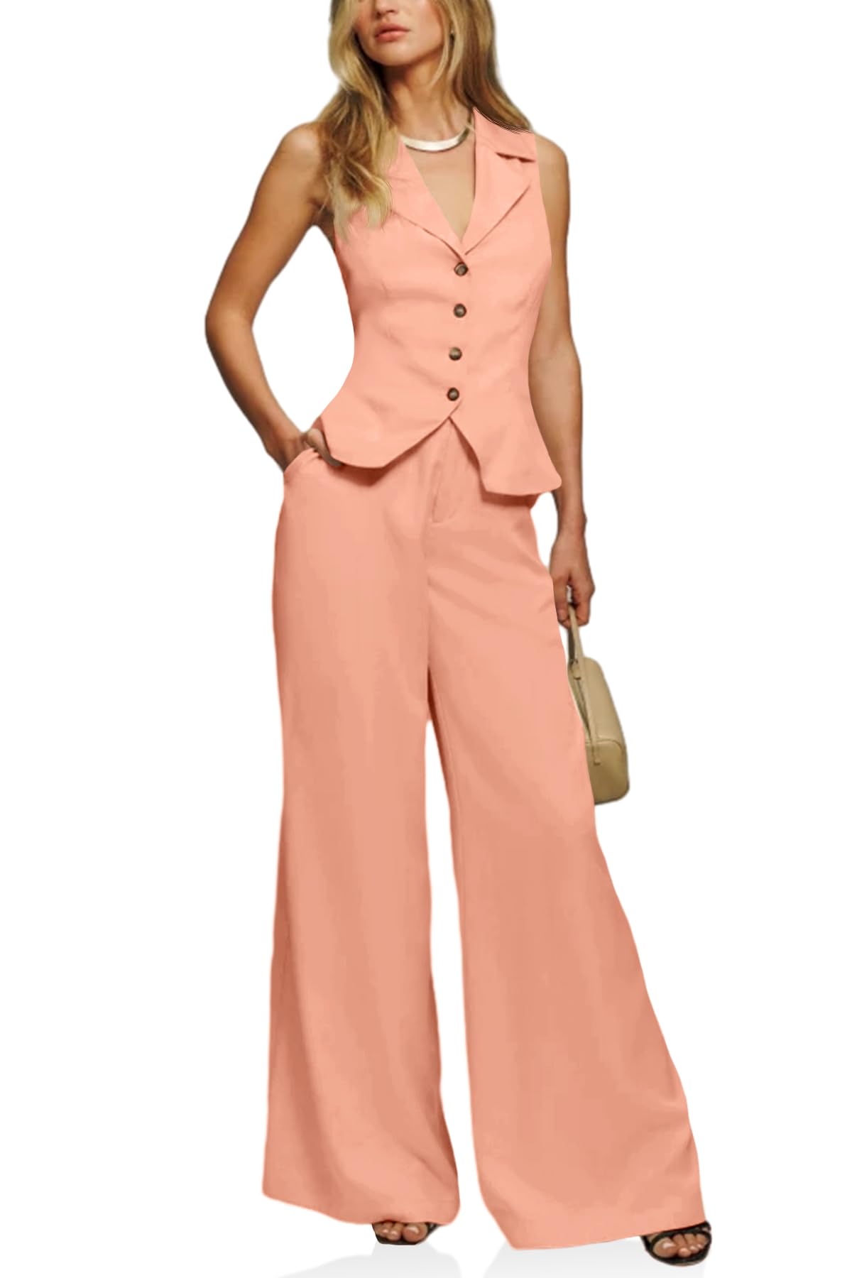 Cicy Bell Womens Vest Sets Button Crop Blazer Vest and Wide Leg Pant Suits