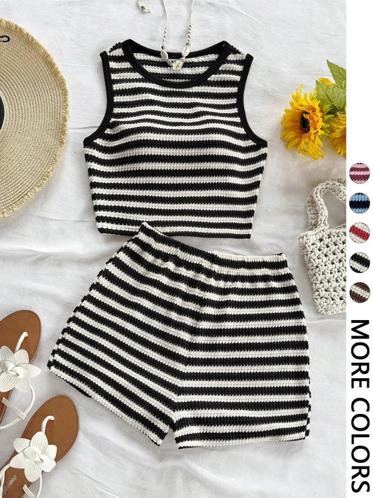 Women's Casual Knitted Striped Backless Short Sleeve Top with Elastic Waist Shorts, Perfect for Vacation Wear, Matching 2 Piece Casual Chic Set, Clothes, Summer Outfit Set
