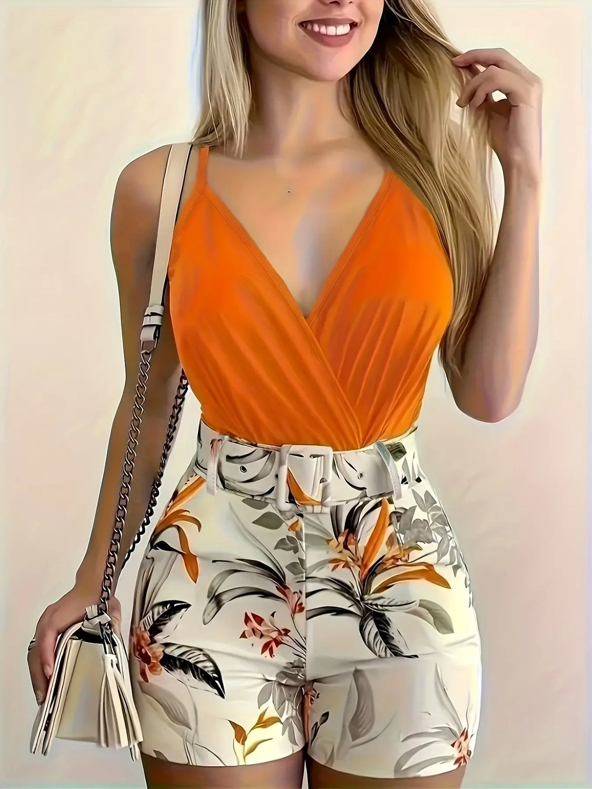 Women's V Neck Sleeveless Top & Plant Print Shorts Set with Belt, Summer Matching Set, Summer Tropical Floral Outfit, Perfect for Vacation, Beach and Casual Daily Wear, High Waist Fitted Design