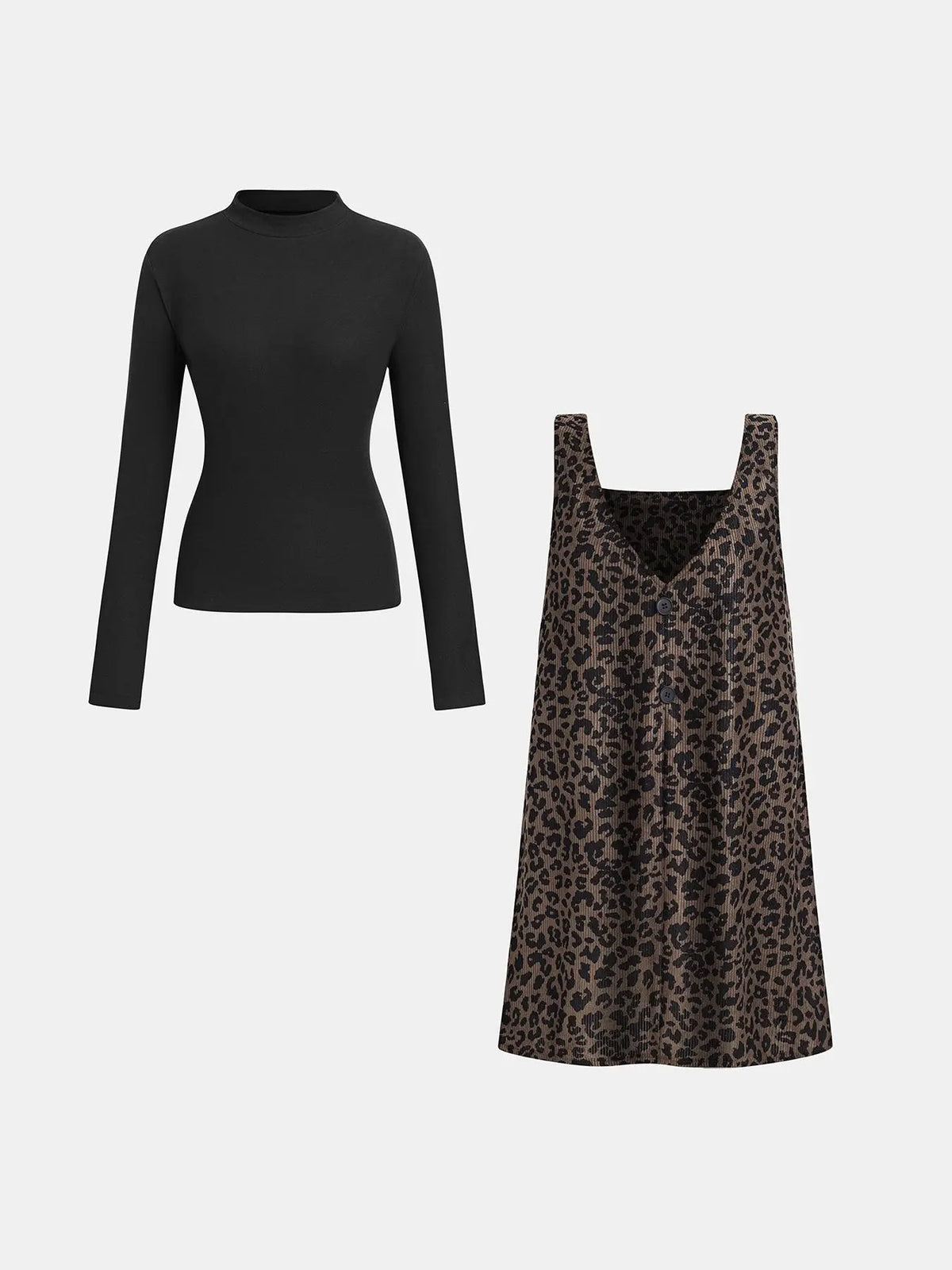 Women's High Neck Long Sleeve Inner Layer + Leopard Print Strap Skirt Matching Set, Casual Daily Day Spring Autumn Commuter, Two-Piece Ensemble Outfit Clothes, Animal Print Set