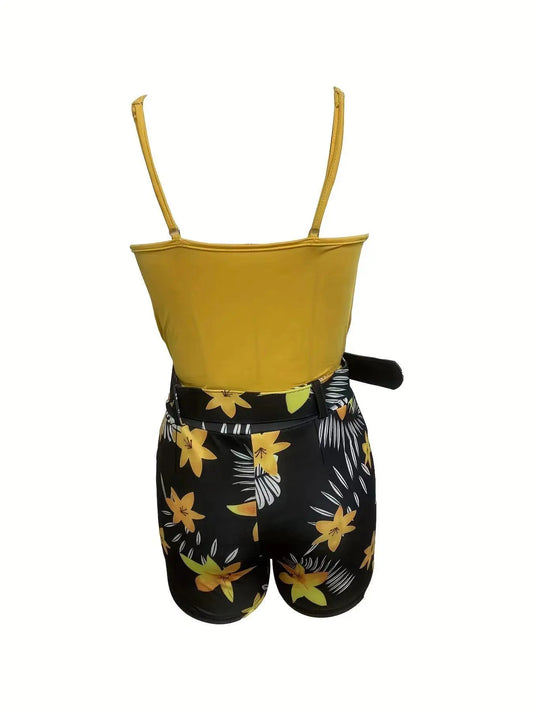 Women's V Neck Sleeveless Top & Plant Print Shorts Set with Belt, Summer Matching Set, Summer Tropical Floral Outfit, Perfect for Vacation, Beach and Casual Daily Wear, High Waist Fitted Design
