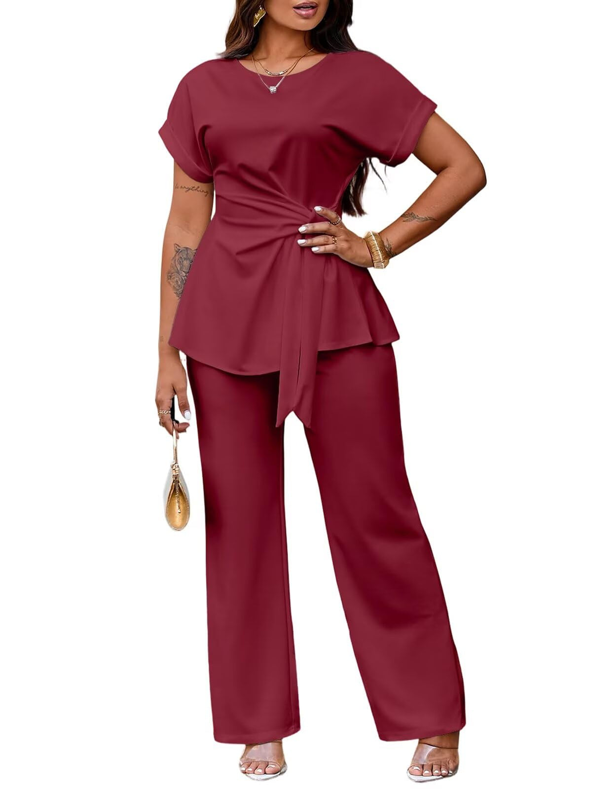 Women's 2 Piece Outfit,Short Sleeve Peplum Top,Wide Leg Pant Sets,Business