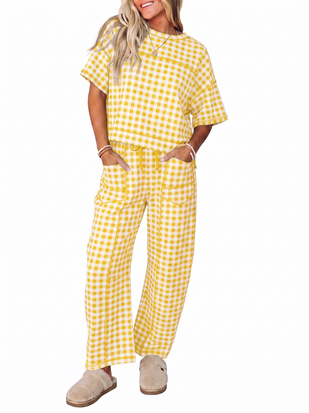 Fisoew Womens 2 Piece Outfits Lounge Sets Short Sleeve Tops and Wide Leg Pants Travel Vacation Casual Matching Sets