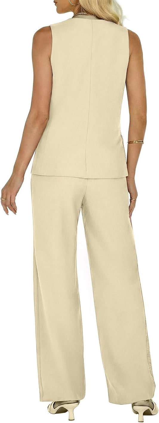 Funlingo Pant Suits for Women Dressy 2 Piece Sets Sleeveless Blazer Vest Wide Leg Pants 2026 Summer Business Casual Outfits