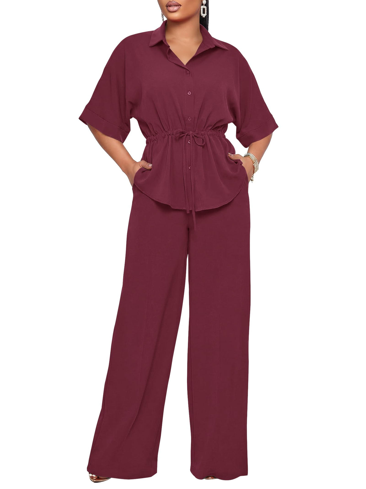 Two Piece Sets for Women Dressy Shirt Top Flared Pants Business Pantsuits