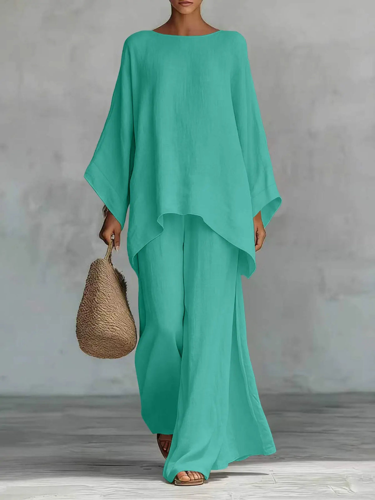 New Women's Simple Solid Loose-Fit Long Sleeve Blouse and Wide-Leg Pants Set, Baggy, Comfortable Casual Outfit, Perfect for Daily Wear, Stylish, Trendy and Elegance Two-Piece Set