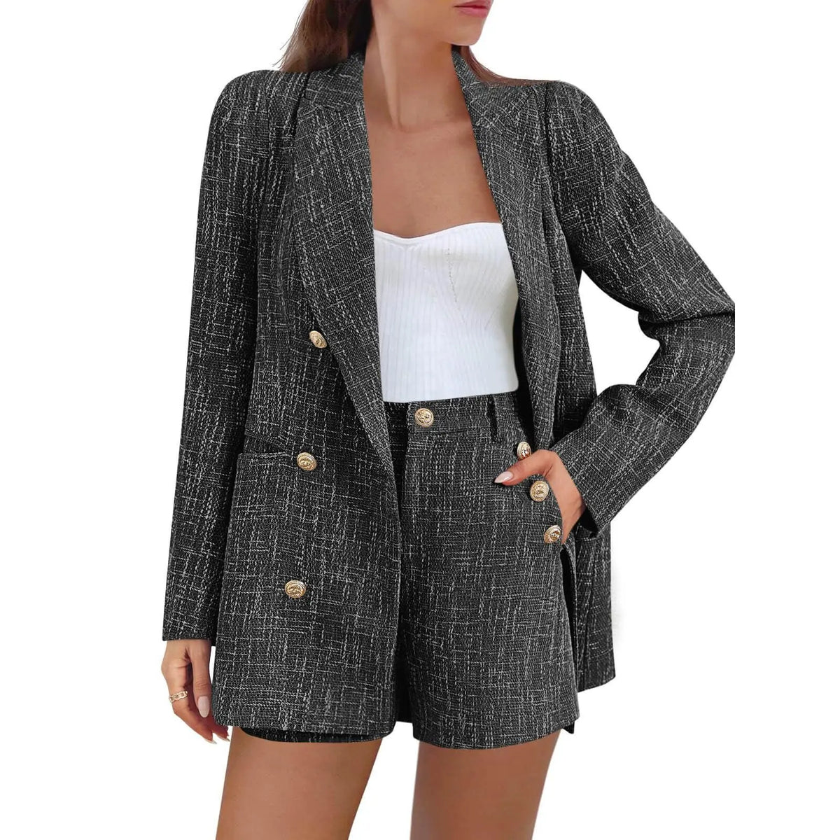 Imily Bela Womens 2 Piece Tweed Blazer Shorts Sets Long Sleeve Double Breasted Suit Jackets Business Outfit Fabric Formal