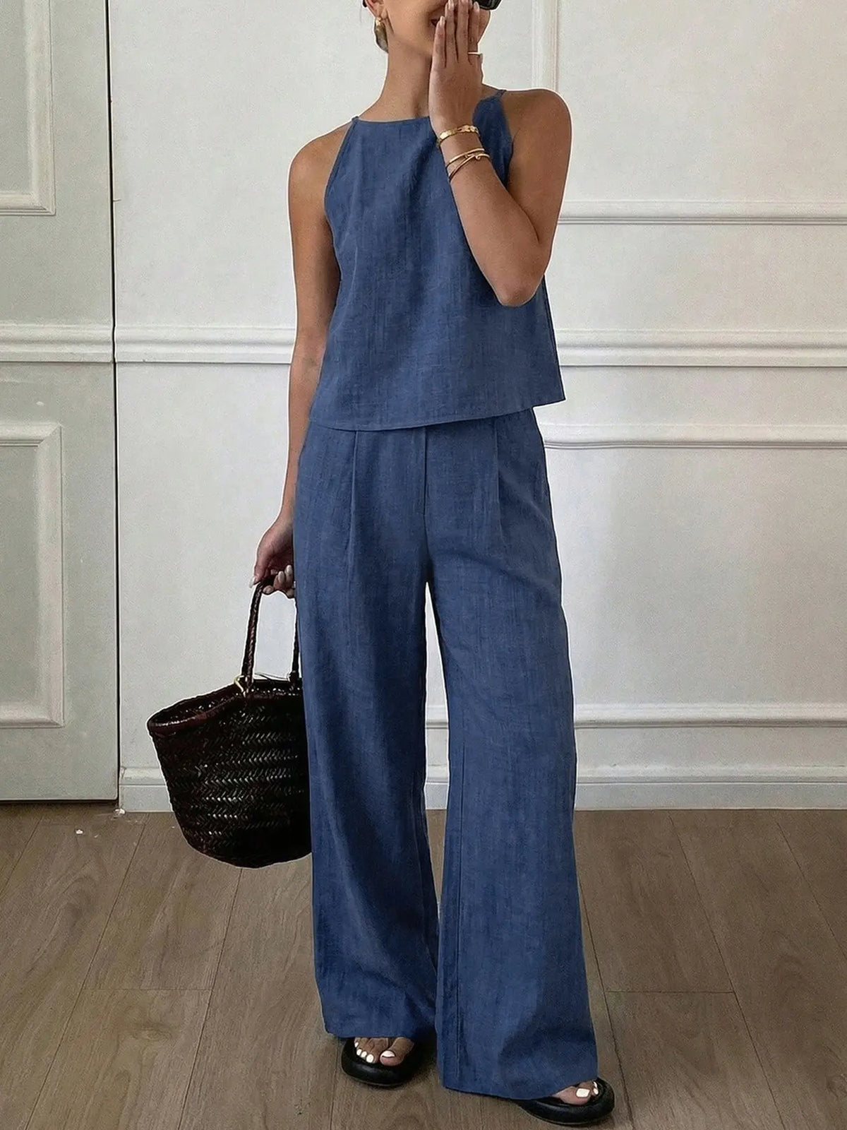 Women's Summer Striped Thin Strap Sleeveless Vest Top & Loose Long Pants Two-Piece Set, matching Outfit, Lightweight Casual Everyday Home Wear, Comfortable and Stylish