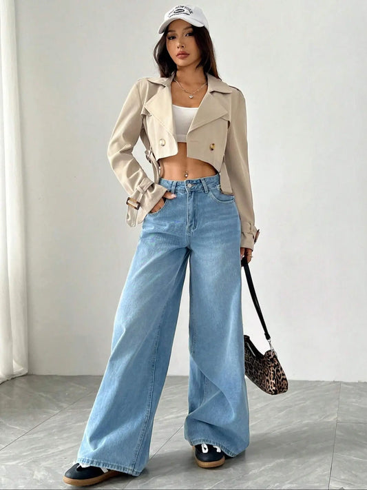 Women's Short Jacket Casual Plaid Collared Lightweight Trendy Double Button Blazer Jackets, Long Sleeve Loose-Fit Woven Fabric, Spring & Fall Fashion Outerwear for Women Button Adjustable Belt Womenswear Lady