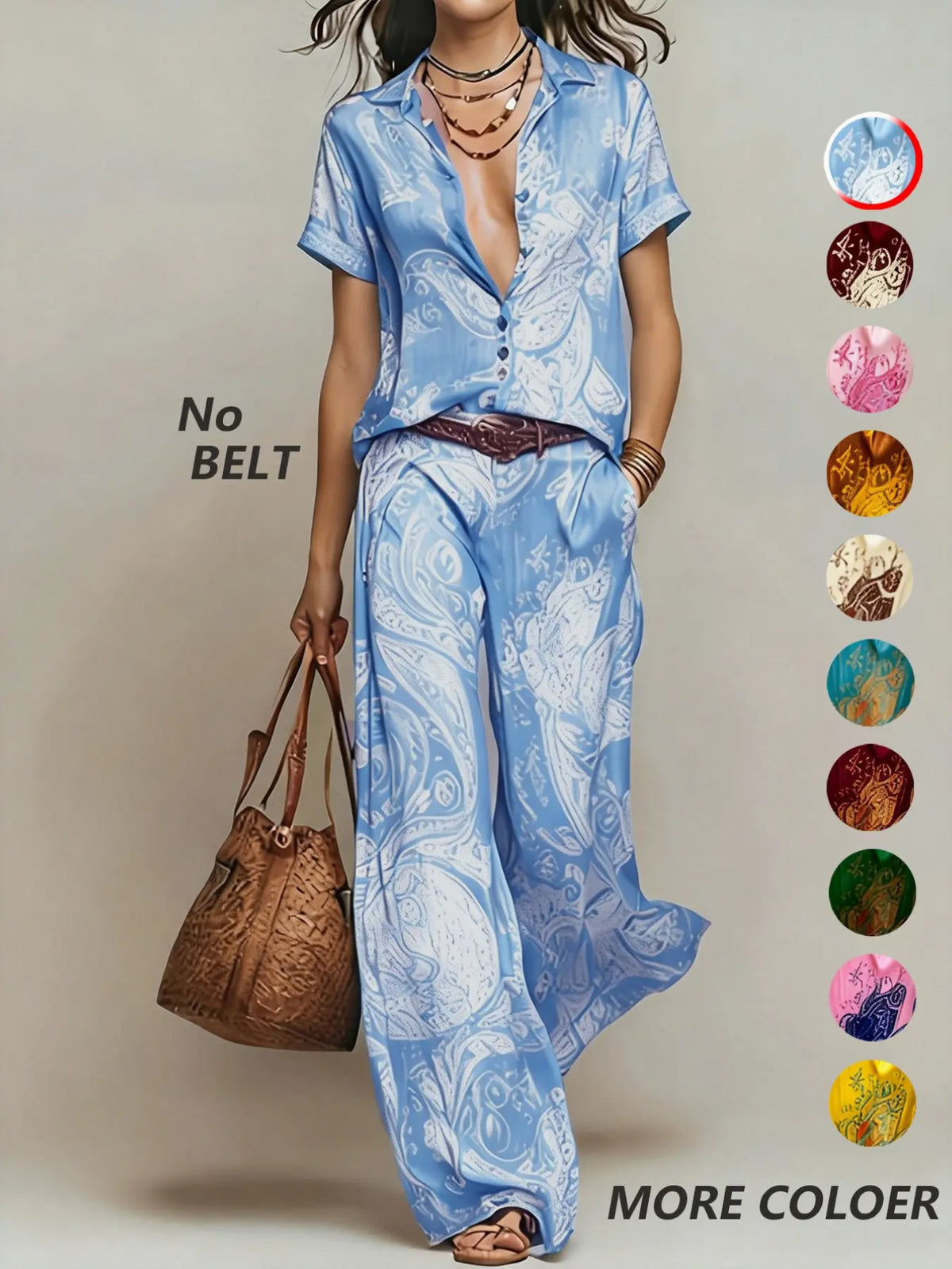 Casual Vacation Style Geometric Print Collared Shirt Top & Pocket Straight Leg Pants Set, Summer Matching Set, No Belt Included, Perfect for Daily Wear and Outdoor Activities, Chic