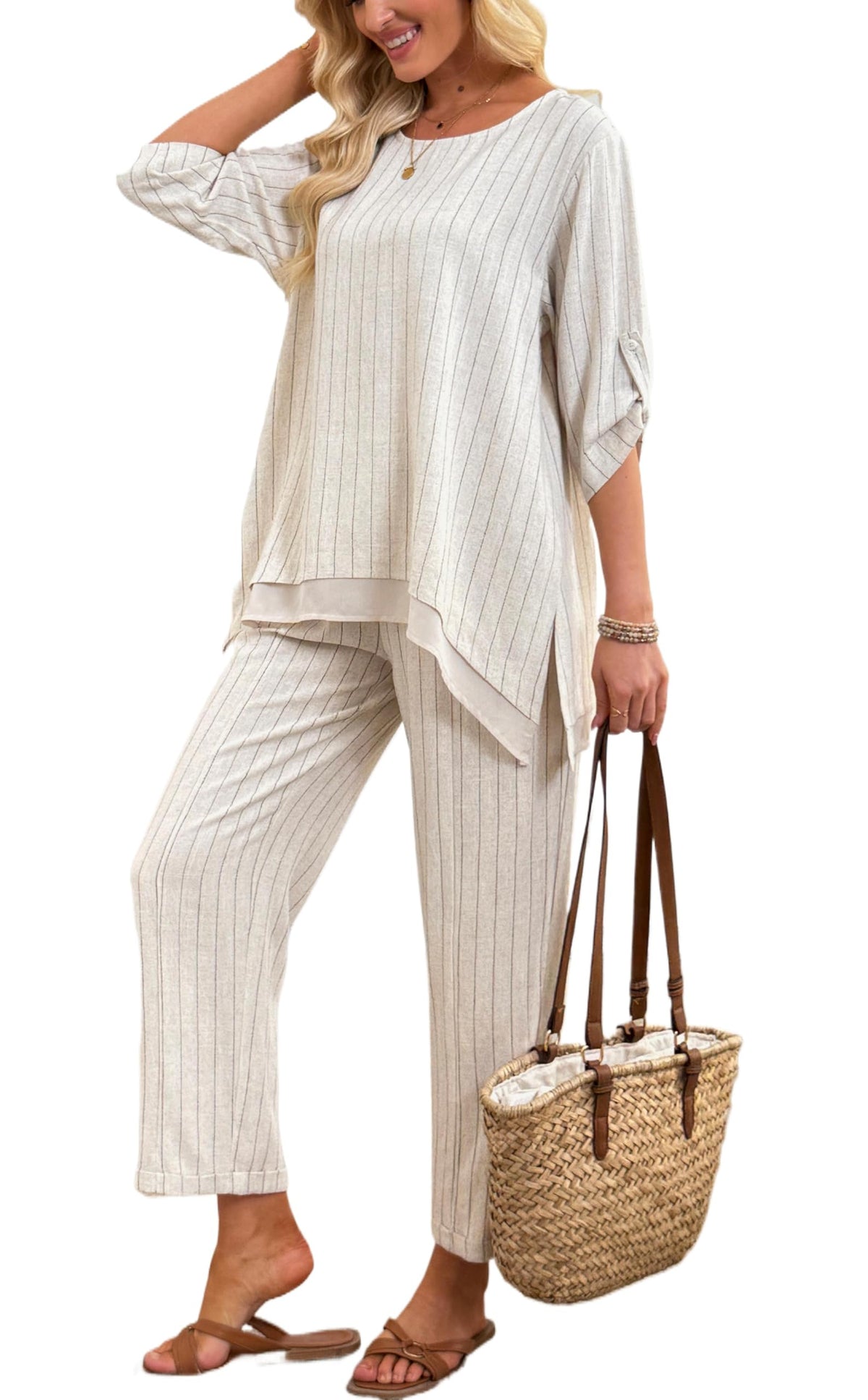 Women's Linen 2 Piece Outfits Rolled Sleeves Tops Wide Leg Trouser Pants Suits Summer Casual Dressy Linen Sets