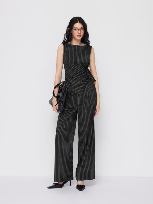 CIDER Womens Striped Knotted Top Straight Leg Pant Set