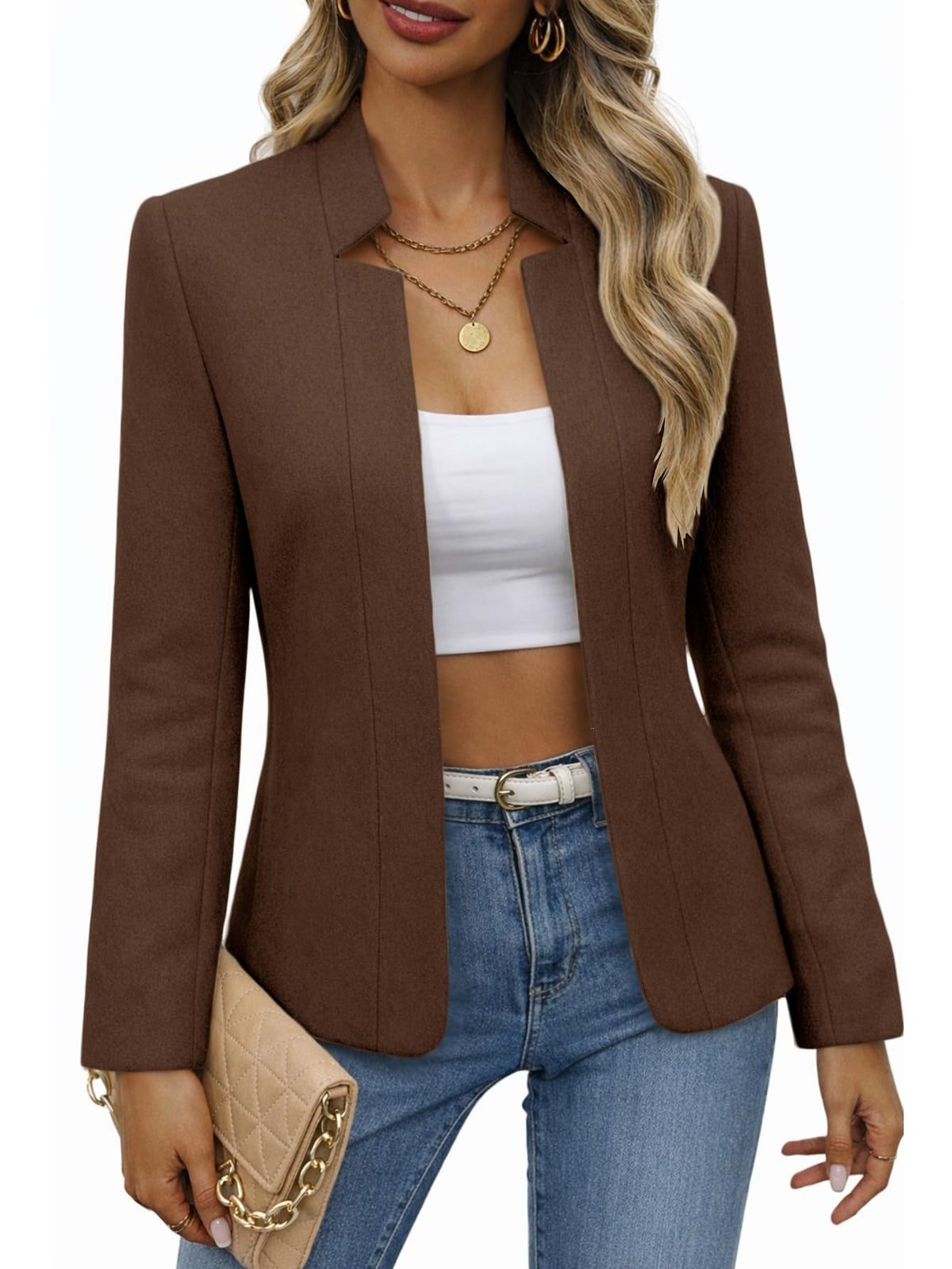 Mina Self 2026 Fall Women's Open Front Tweed Blazer,Plaid Fitted Jacket
