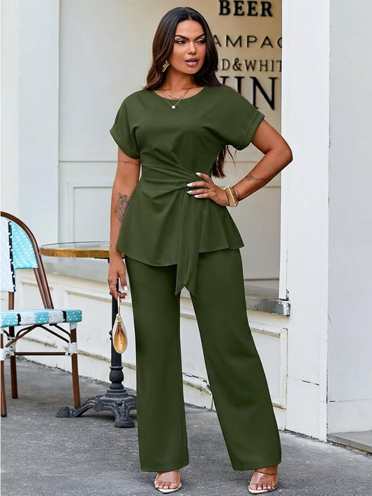Women's 2 Piece Outfit,Short Sleeve Peplum Top,Wide Leg Pant Sets,Business