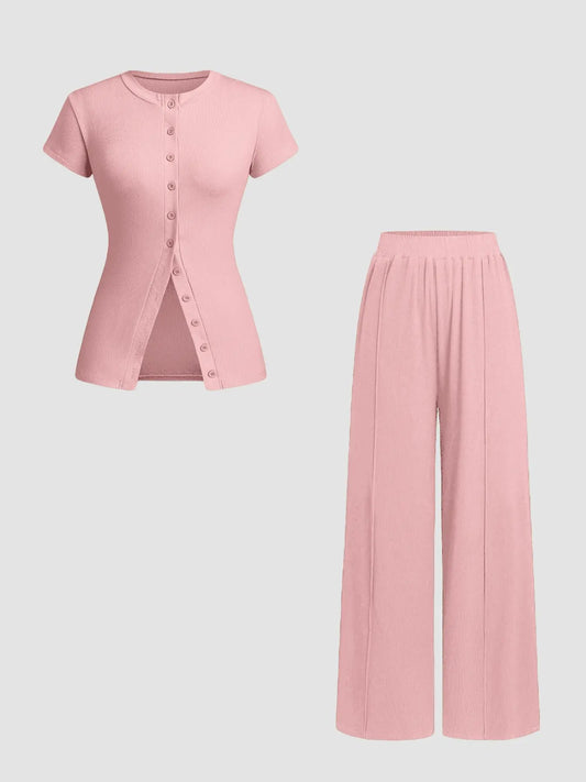 Women's Solid Color Knit Button Front Fitted Top & Wide Leg Pants, Basic Casual Minimalist Two-piece Knitted Set for Daily Wear, Ladies Clothes for All Seasons, Womenswear Trouser Sleeve
