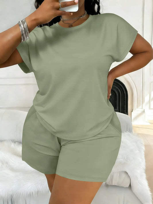 Women's Plus Size Casual Minimalist Plain Short-Sleeve Top and Shorts Set, Spring-Summer Womenswear Clothes with Loose Fit Comfort, All-Season Fashion