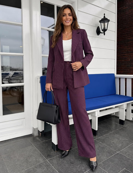 ZESICA Women's 2 Piece Striped Suit Sets Business Casual Outfits