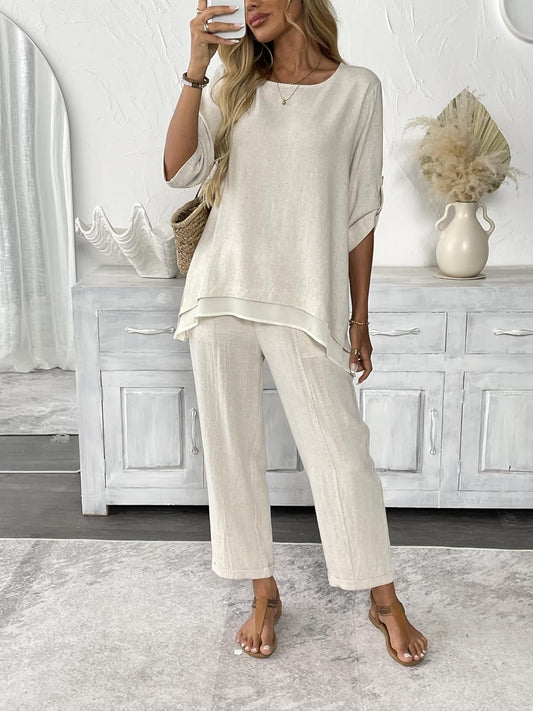 Women's Linen 2 Piece Outfits Rolled Sleeves Tops Wide Leg Trouser Pants Suits Summer Casual Dressy Linen Sets