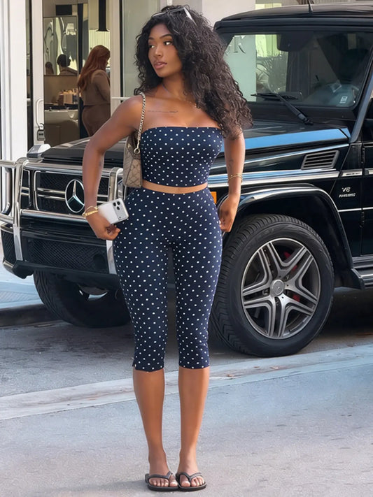 Women's Two-Piece Polka Dot Casual Chic Set, Sleeveless Crop Top & Slim Fit Capri Pants for Daily Wear, Dates and Outings