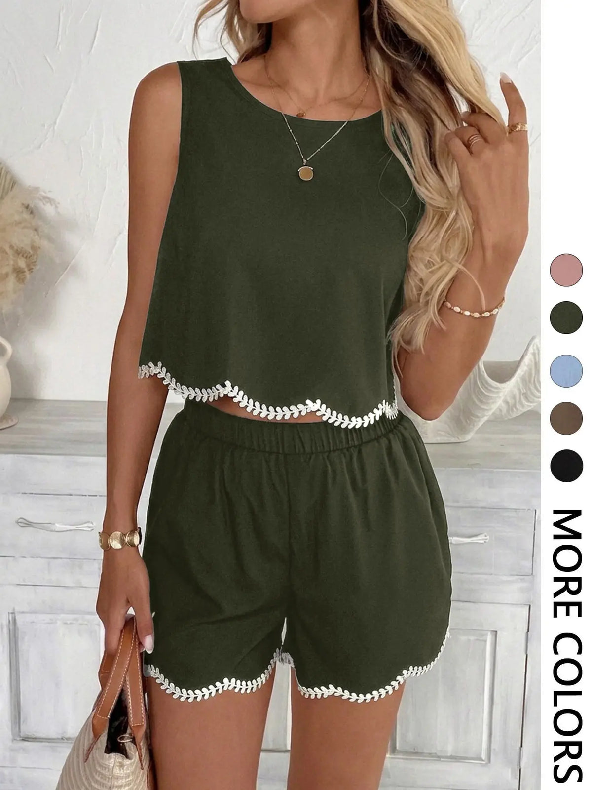 Women's Scallop Trim Embroidered Two-Piece Set, Suitable for Casual Going Out and Daily Wear, Island Vacation Beach Outfits, Sleeveless Summer Outfits for Women, Embroidery
