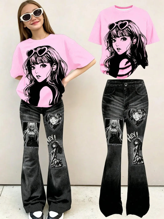 Kawaii Anime Girl Print T-Shirt + Patchwork Flare Pants Set, Y2K Goth Streetwear, Aesthetic Style for Girls, Casual Slim-Fitting Outfit, Casual Fitted Set