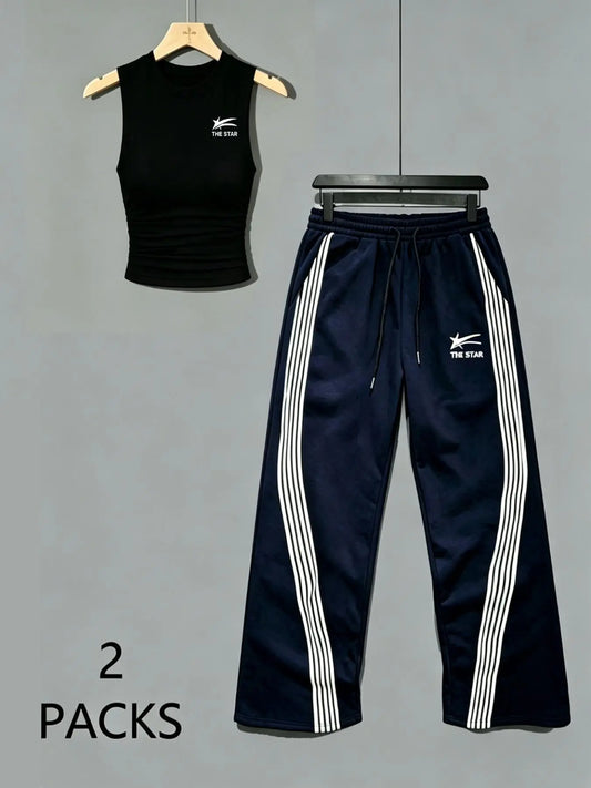 Women's Sweet Savage Style Ruched Sleeveless Top + Striped Sweatpants Set, Mid Waist Loose Fit, All Seasons Fashion Clothes