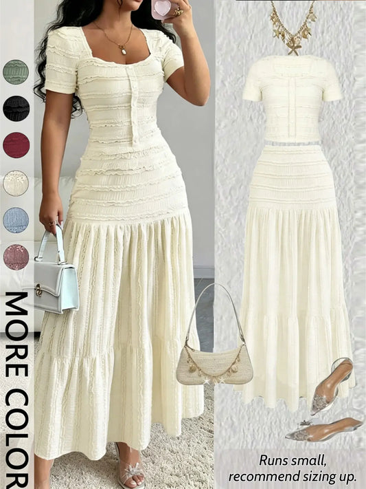Women's Casual Elegant Chic Short-Sleeve Square-Neck T-Shirt and Half Skirt Set, Cute Spring and Fall Outfit Clothes