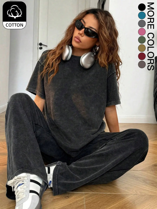Women's Basic Casual Everyday Acid-Wash Vintage Street-Style Soft Cotton Two-Piece Set, Loose-Fit Round-Neck Short-Sleeve T-Shirt and Wide-Leg Pants
