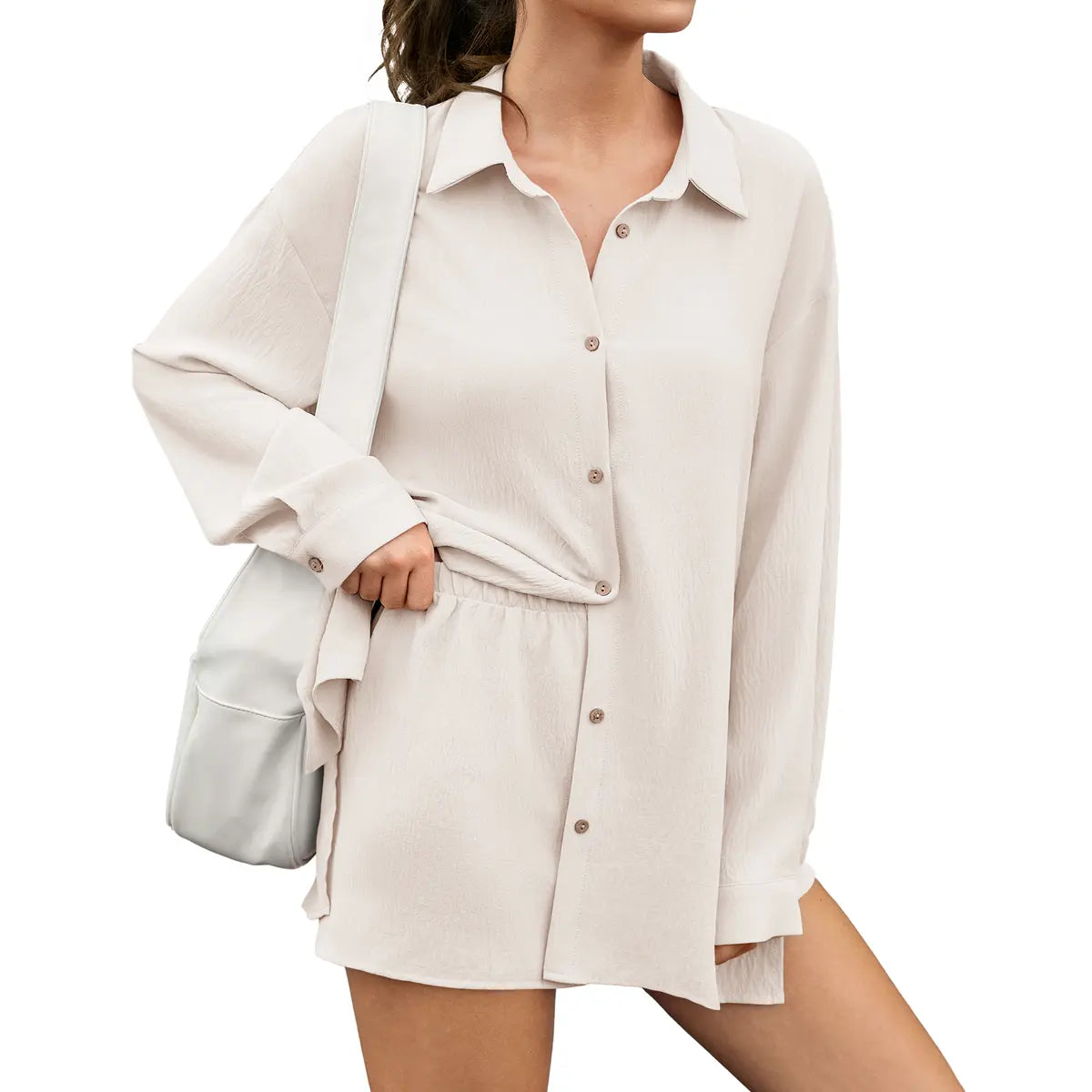 Fisoew Womens 2 Piece Basic Collared Matching Set Oversized Long Sleeve Button Down Top Attachable Safety Shorts Casual Beach Cover-Up Vacation Outfits SohoChic