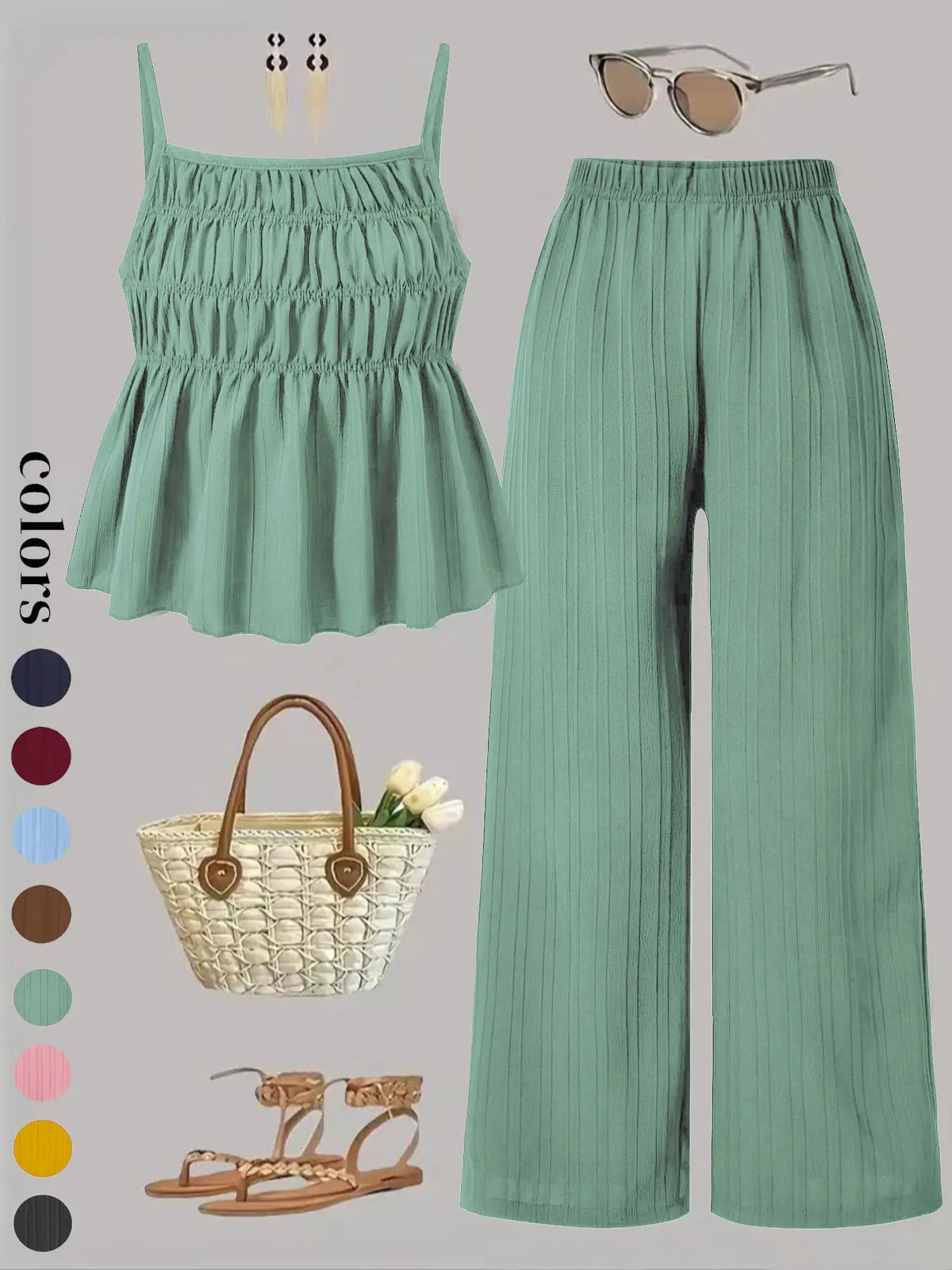 Two-Piece Set Women's Basic Solid Color Cami Top & Wide Leg Pants Set, Street Fashion Casual Outfits for Daily Outdoor Wear, Ladies Clothes for All Seasons