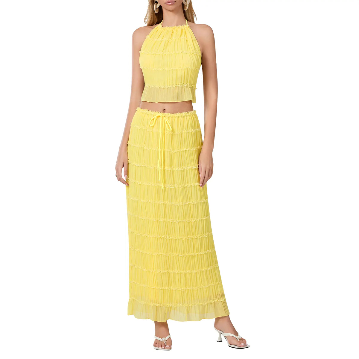 Women’s Two Piece Summer Outfits Sleeveless Ruched Halter Cami Tops and Long Skirt Set Beachwear