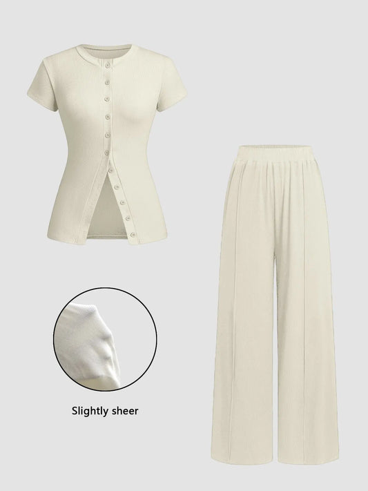 Women's Solid Color Knit Button Front Fitted Top & Wide Leg Pants, Basic Casual Minimalist Two-piece Knitted Set for Daily Wear, Ladies Clothes for All Seasons, Womenswear Trouser Sleeve