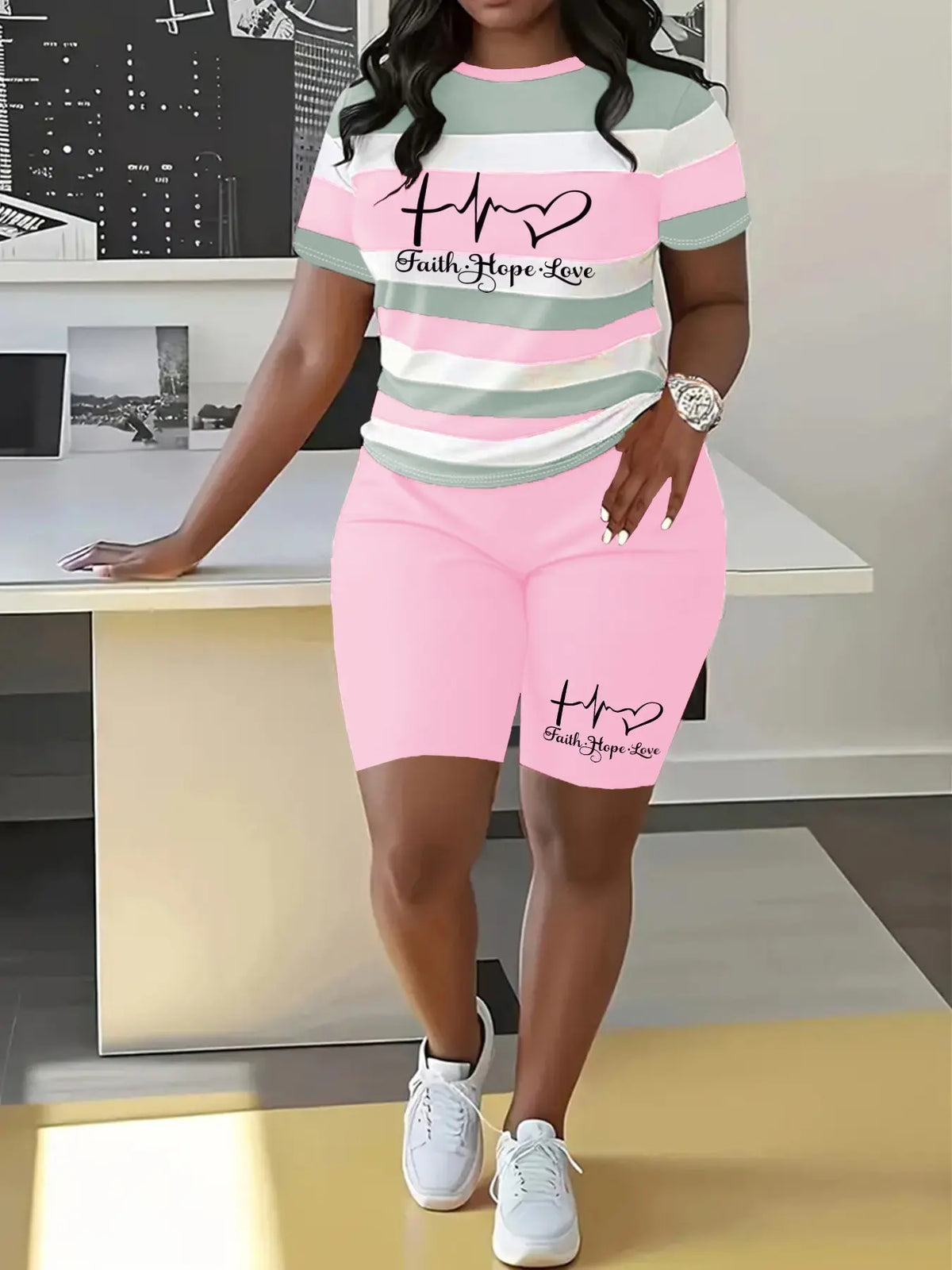 Letter Print Striped Summer Casual Round Neck Short Sleeve Shorts Set, Summer Outfits Set, Fashionable Shorts Set, Womenswear Two-Piece for Spring and Summer, Comfortable and Stylish Lady