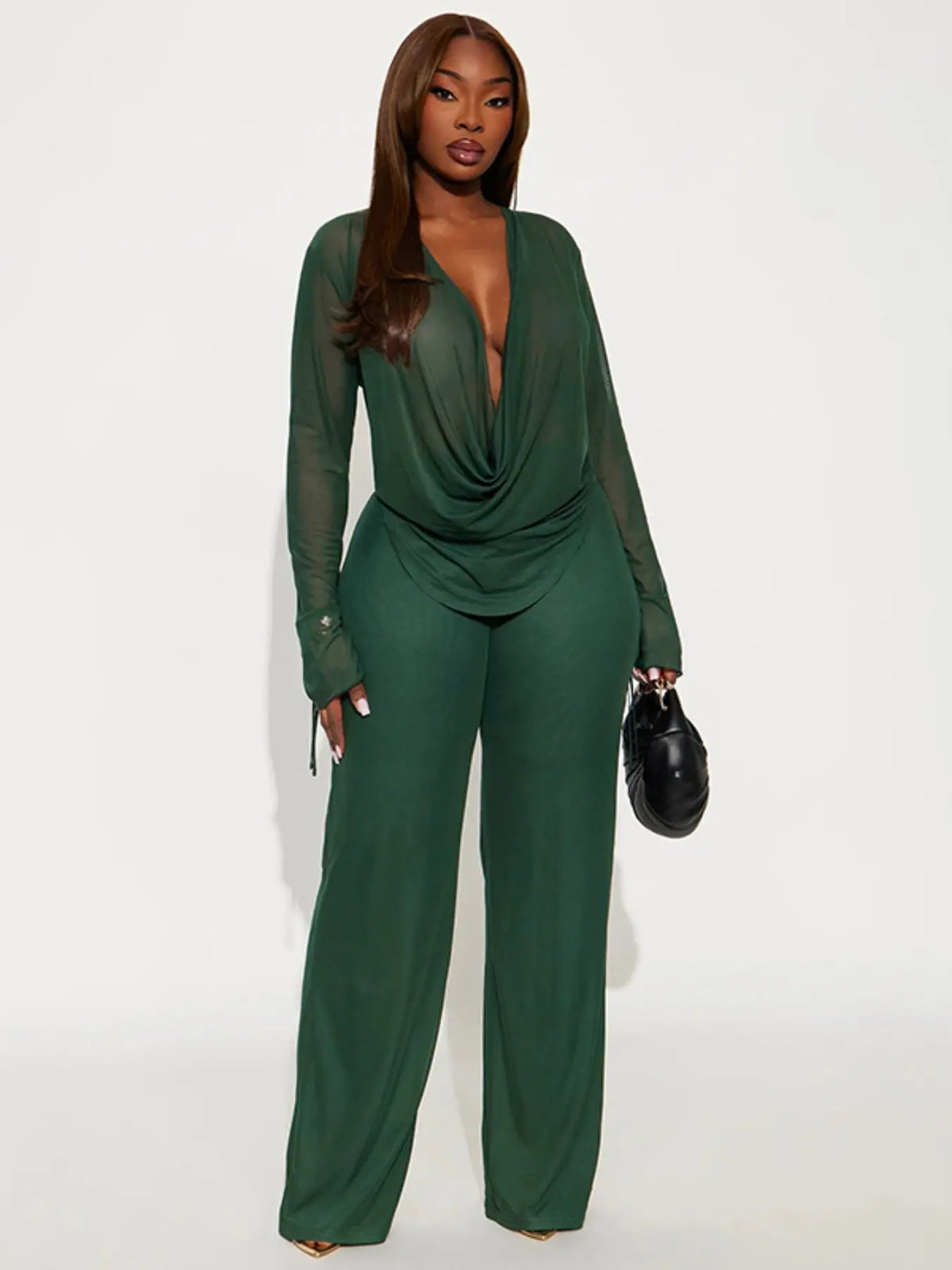 Women's Fashion Casual Fit Two-Piece Set Suits, Deep V Mesh Top & Wide Leg Pants, Trendy Long Sleeve Tie Design, Perfect for Daily Wear Clothes