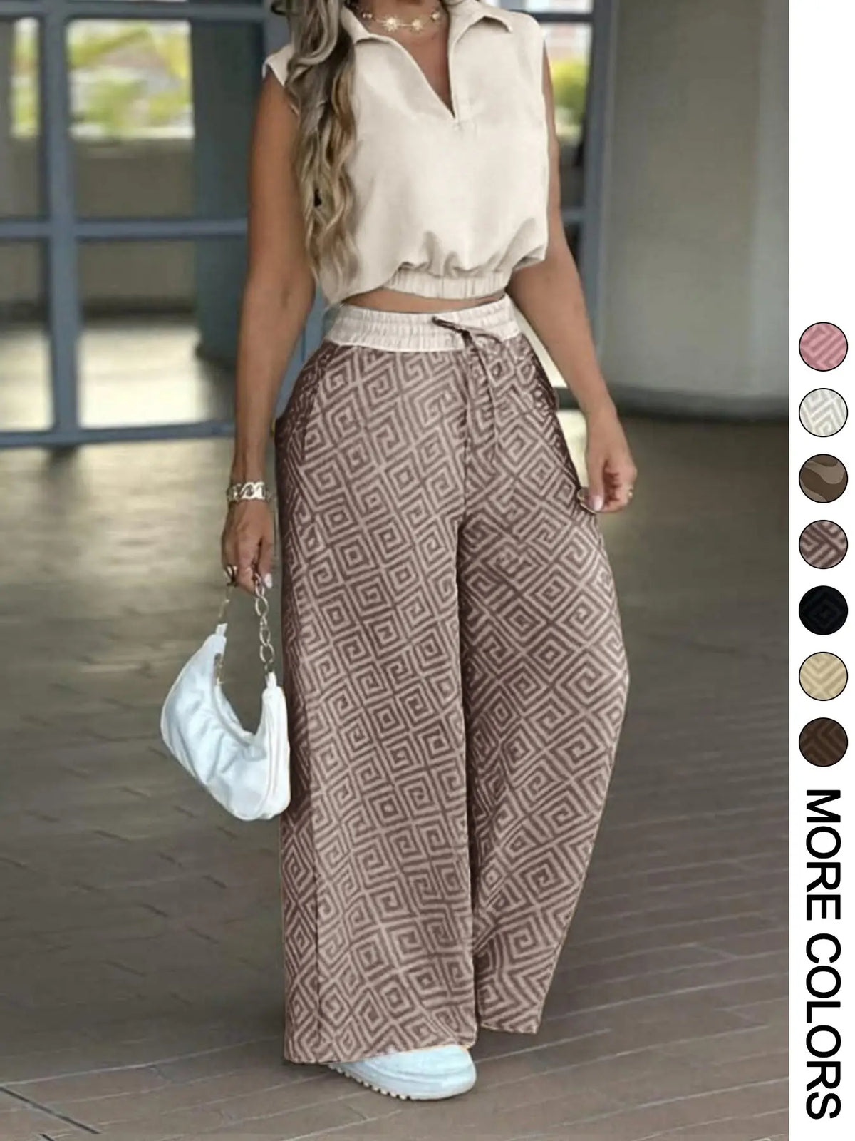 2-Piece Women's Basic Casual Commuter Clothes Set, Sleeveless Collared Waist-Defined Top with High-Waisted Adjustable Drawstring Wide-Leg Pants