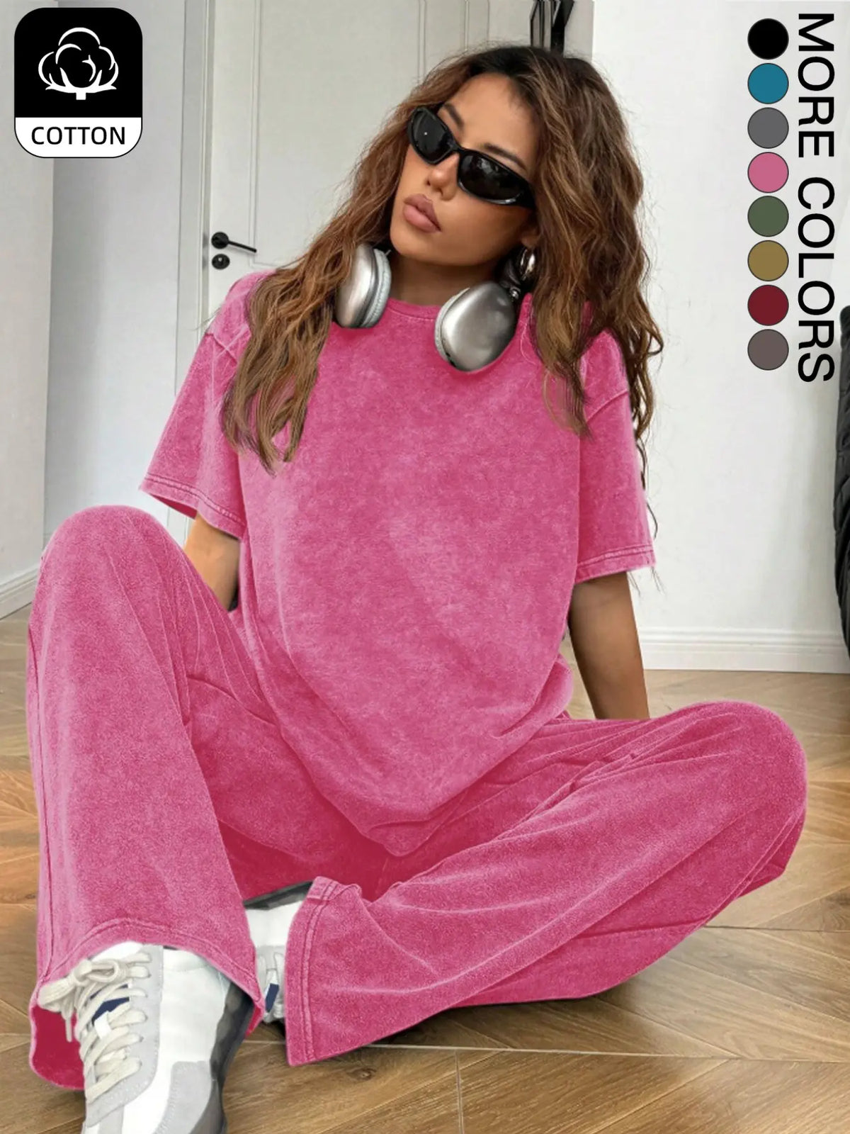 Women's Basic Casual Everyday Acid-Wash Vintage Street-Style Soft Cotton Two-Piece Set, Loose-Fit Round-Neck Short-Sleeve T-Shirt and Wide-Leg Pants