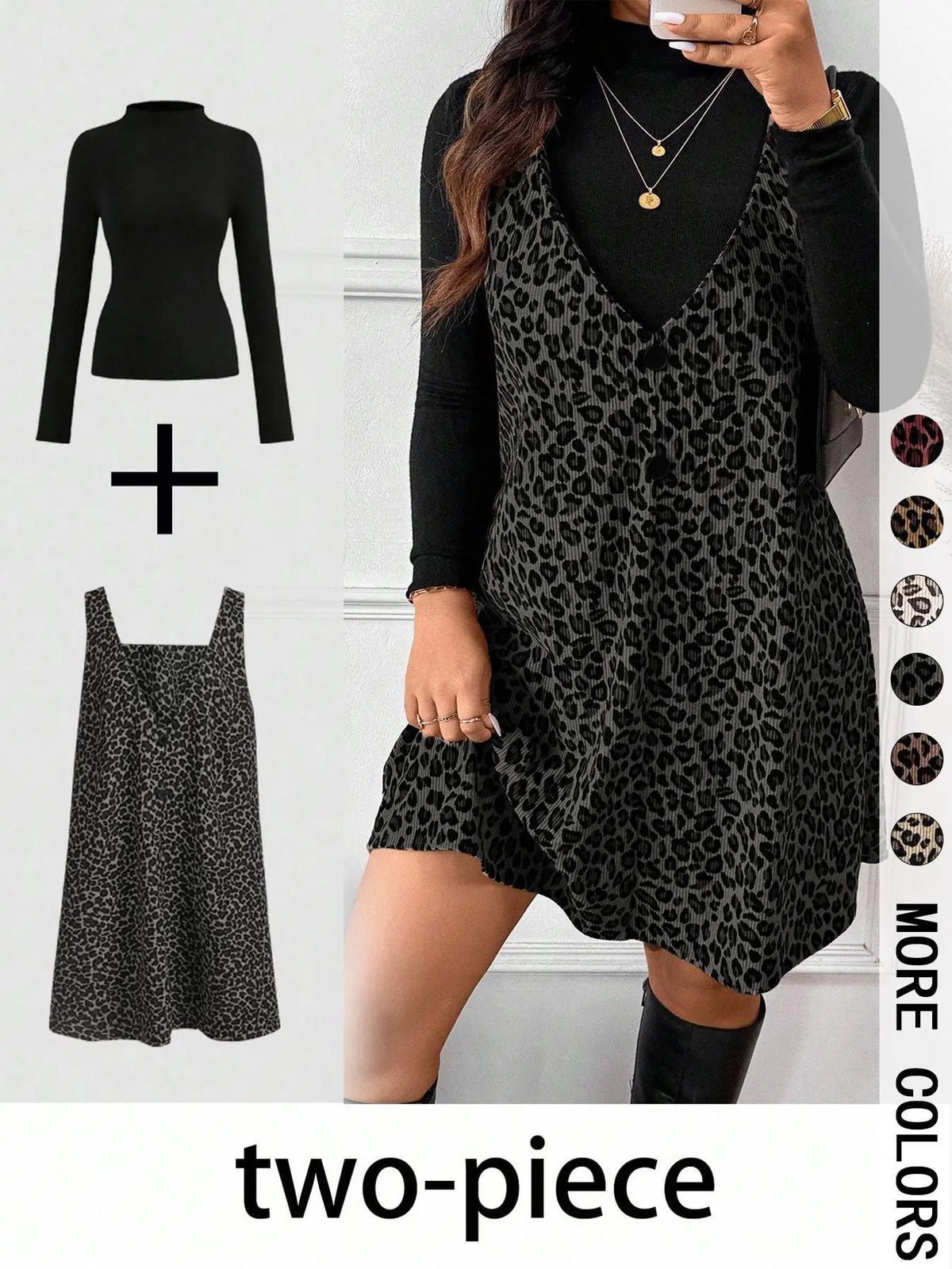 Women's High Neck Long Sleeve Inner Layer + Leopard Print Strap Skirt Matching Set, Casual Daily Day Spring Autumn Commuter, Two-Piece Ensemble Outfit Clothes, Animal Print Set