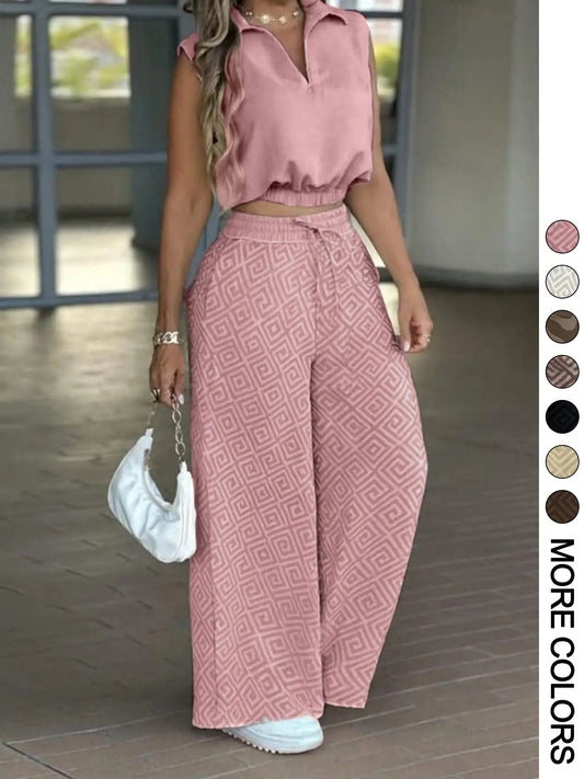 2-Piece Women's Basic Casual Commuter Clothes Set, Sleeveless Collared Waist-Defined Top with High-Waisted Adjustable Drawstring Wide-Leg Pants