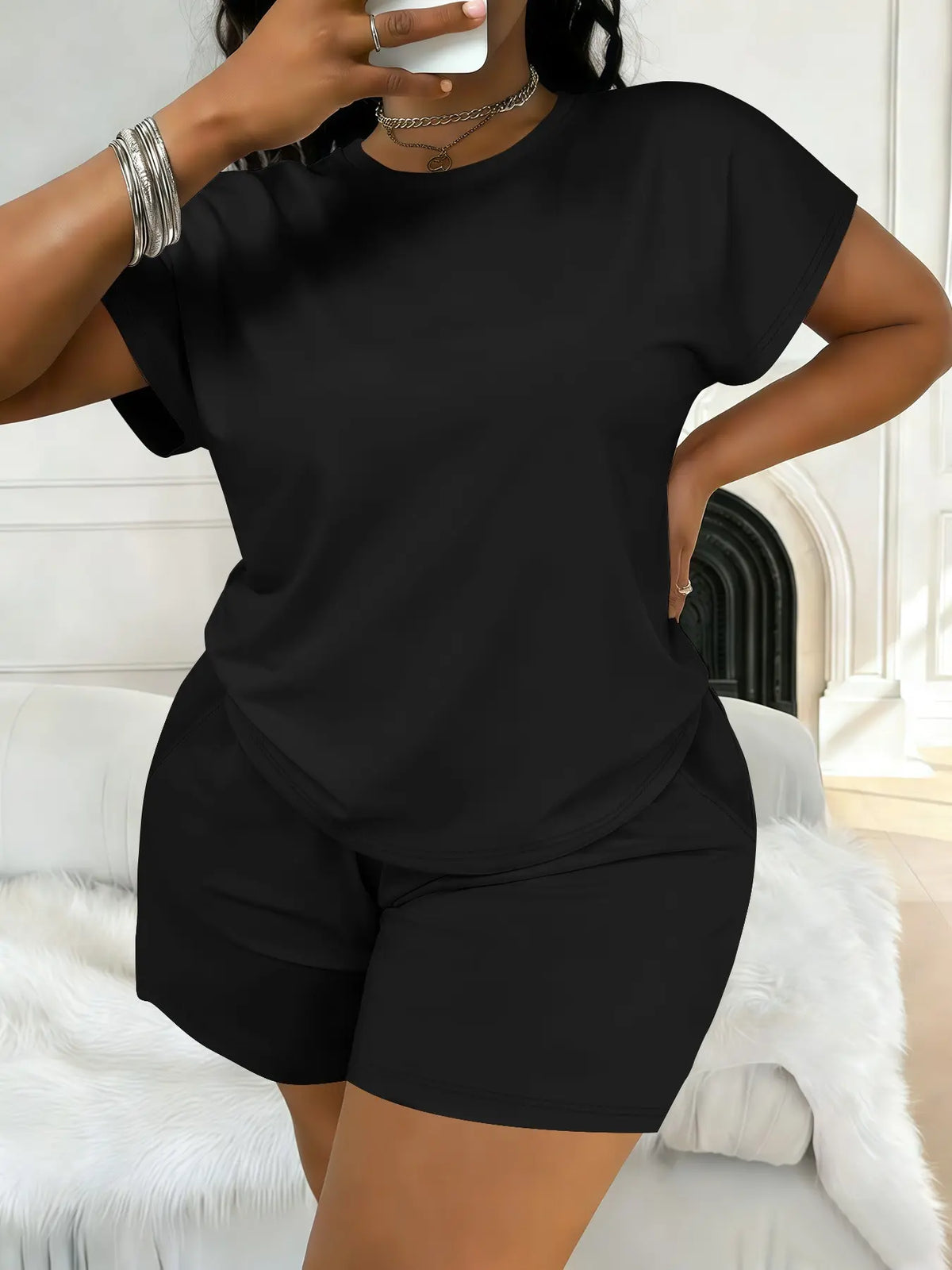 Women's Plus Size Casual Minimalist Plain Short-Sleeve Top and Shorts Set, Spring-Summer Womenswear Clothes with Loose Fit Comfort, All-Season Fashion